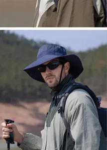 Close-up of breathable mesh fabric and adjustable windproof strap on outdoor sun hat