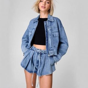Women Denim Cropped Jacket And High Waist Shorts Streetwear Washed Workwear Casual Blue Trendy Fashion Outfit
