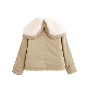 Women short khaki jacket with oversized white faux fur collar and gold zipper closure