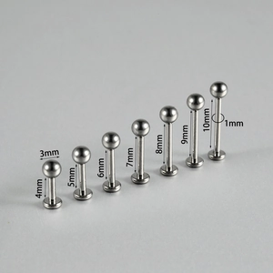 Detailed size chart for silver G23 titanium lip studs with 3mm ball and 4mm to 10mm bar lengths