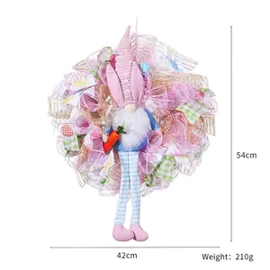 Couronne de Pâques avec gnome, oreilles de lapin et carottes, décor mural festif, 54x42 cm