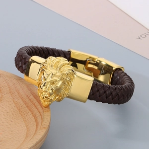 Fashionable men's brown braided leather bracelet with golden stainless steel lion head