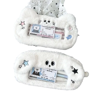 Cute plush white cat and puppy pencil cases with transparent windows for stationery