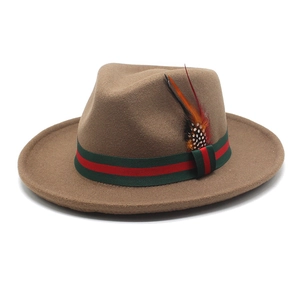Classic camel wool fedora hat with red-green striped ribbon and feather accent