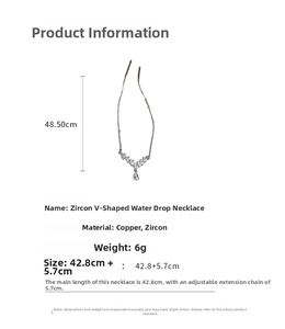 Size specifications of zircon V-shape teardrop necklace with copper base and silver tone