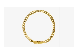 Detailed view of the gold-plated belt buckle clasp on a chunky titanium steel link necklace