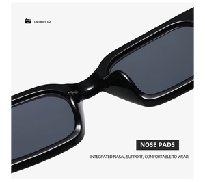 Detail view of integrated nasal support on black square sunglasses for comfort