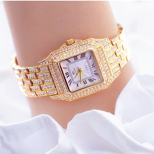 Women's gold-plated square quartz watch with Roman numerals and full crystal decoration