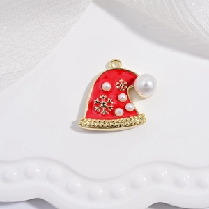 Christmas red enamel santa hat pendant with gold accents and white pearls jewelry charm