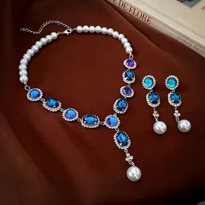 Alloy Rhinestone Jewelry With 925 Sterling Silver Earring Post Faux Artificial Pearl Oval Blue Glass Necklace Earrings