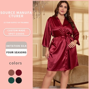 Damen Plus Size Satin Bademantel Seidig V-Ausschnitt Gürtel Schlafanzug Einfarbig Nachtwäsche Hauskleidung