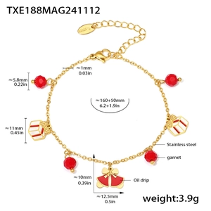 Detail of Christmas bracelet with garnet beads, oil drip charms and steel chain