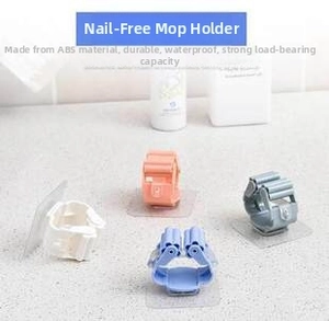 Detail of multi-color wall mounted mop holders with durable roller clips and adhesive