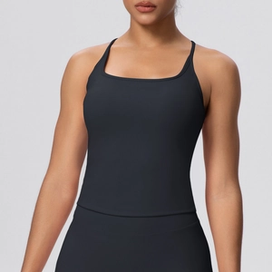 Detailed view of women's black high-elasticity sports bra with square neck and thin straps