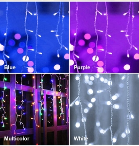 Detail showing LED icicle curtain lights in blue, purple, multicolor, and white colors
