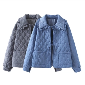 Women Quilted Jacket Polyester Cotton Diamond Lattice Ruffle Collar Tie Front Lightweight Padded Casual Retro Outwear
