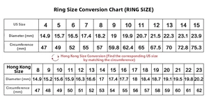 Comprehensive ring size chart showing US and HK measurements in millimeters