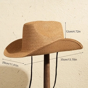 Handwoven wide brim straw cowboy hat for men with size dimensions 35x29x12cm