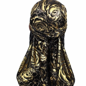 Black silky durag with golden rose floral pattern and long tail for men styling