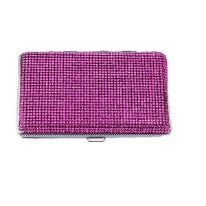 Sparkling pink rhinestone cigarette case with silver metal frame and crystal decoration