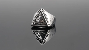 Detail of Gothic men's titanium steel ring with Eye of Providence and cross relief