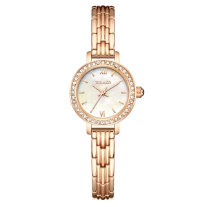 Women Quartz Watch Rose Gold Metal Strap Rhinestone Bezel Mother Of Artificial Pearl Dial Elegant Fashion Wristwatch