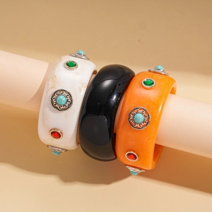 Vintage acrylic bangle set with turquoise and rhinestones in bohemian geometric style
