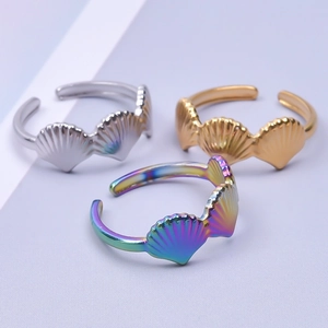 Adjustable minimalist stainless steel shell ring set in gold, silver, and rainbow colors