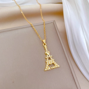 Luxurious gold Eiffel Tower pendant necklace with sparkling diamonds and love engraving