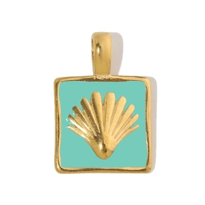 Detail of square gold pendant featuring a shell relief on mint green enamel inlay