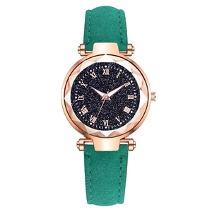 Women's quartz watch with starry blue dial, Roman numerals, and green leather strap