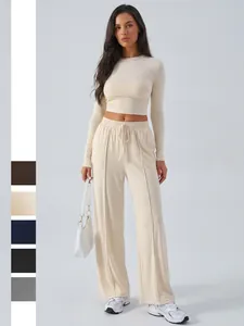Women Viscose Slim Long Sleeve Crop Top And Drawstring Wide Leg Pants Leisure Yoga Activewear Lounge