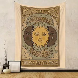 Vintage Tarot Cat Tapestry Wall Hanging Bohemian Mystical Celestial Sun Moon Star Polyester Room Decoration Background Cloth