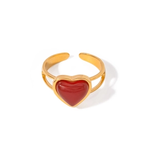 18k gold plated stainless steel open ring with a red heart-shaped agate gemstone