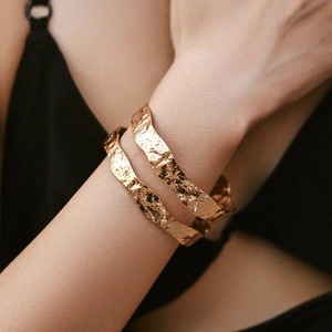18K Gold Plated Copper Hammered Cuff Bracelet Double Layer Open Bangle Retro Irregular Textured Modern Chic Jewelry For Women