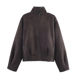 Deep brown suede jacket with high collar and leather piping details, back view layout