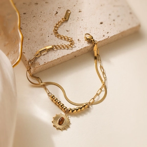 Retro double-layer gold stainless steel bracelet with vintage sun pendant and brown gem