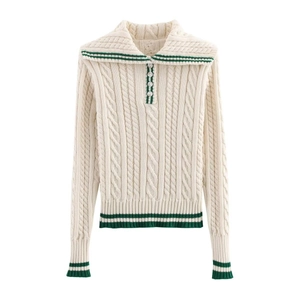 Women vintage cream cable knit sweater with green stripes and large lapel collar
