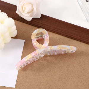 Pink and yellow marbled acetate claw clip for women with durable gold metal spring