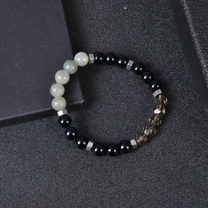Beaded bracelet with 8mm black obsidian, moonstone, and faceted crystal silver beads