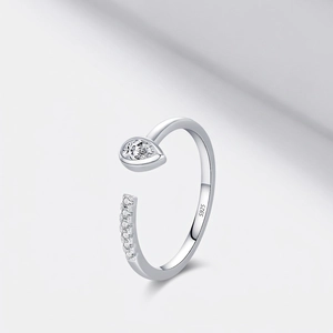 925 Sterling Silver Ring Pear Shape Water Drop Zircon Adjustable Open Jewelry For Women Elegant Fashion