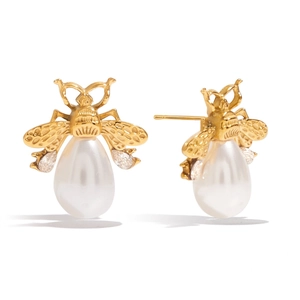 Golden bee earrings with white teardrop pearls and clear zircon wings on white background