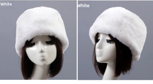 Front and side views of a white faux fur thick winter hat for elderly women