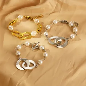 Fashion Bracelet Stainless Steel Resin Artificial Pearl Interlocking Rings Toggle Clasp French Retro Minimalist Jewelry For Women