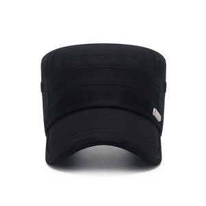 Classic black cotton flat top army cap with side metal logo for men outdoor casual wear