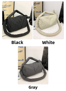 Detailed comparison of quilted nylon crossbody bags in black, white, and grey colors