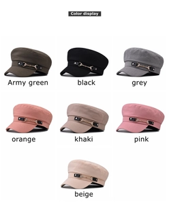 Detailed color display of military caps with metal horsebit and leather trim in seven colors