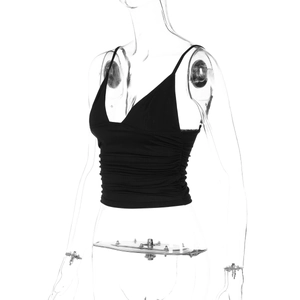 Close-up of black V-neck crop top with textured pleats and thin spaghetti straps