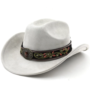 Detailed embroidery on grey suede cowboy hat band with vintage red gemstone buckle