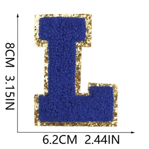 Detailed view of Royal Blue Chenille Letter L Patch with Gold Sequins and size markings
